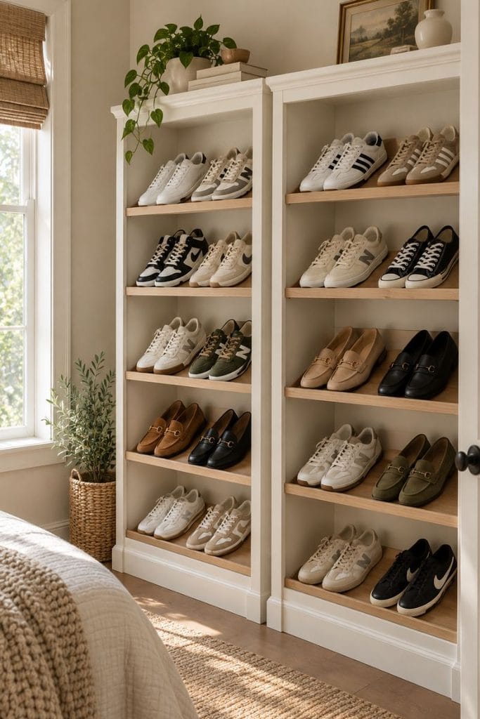 White bookcase hack with angled cleats, a budget shoe storage ideas closet ikea hacks idea