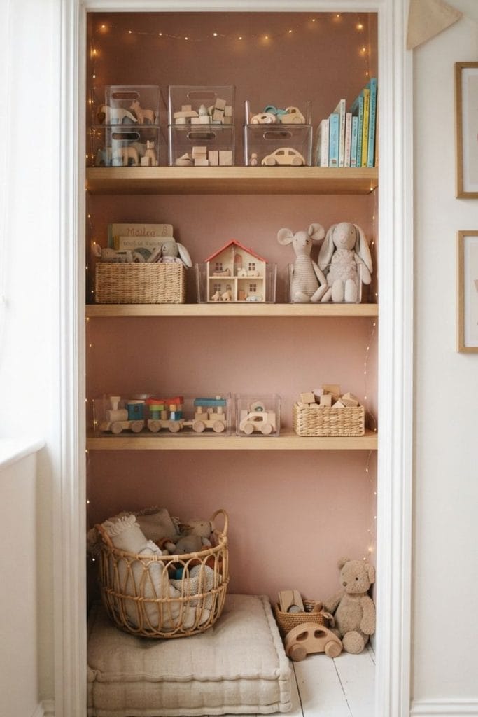 Doorless closet with shelves and clear bins, creative toy storage ideas for bedrooms