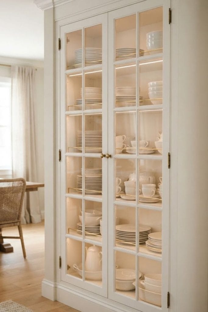 : White built in china cabinet with divided glass doors and brass hinges holding stacked dinner plates