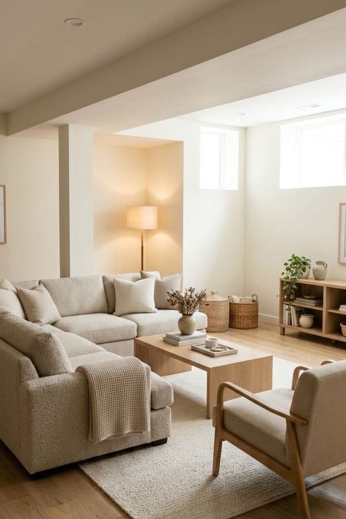 Basement living room ideas with an oatmeal sectional and light oak coffee table