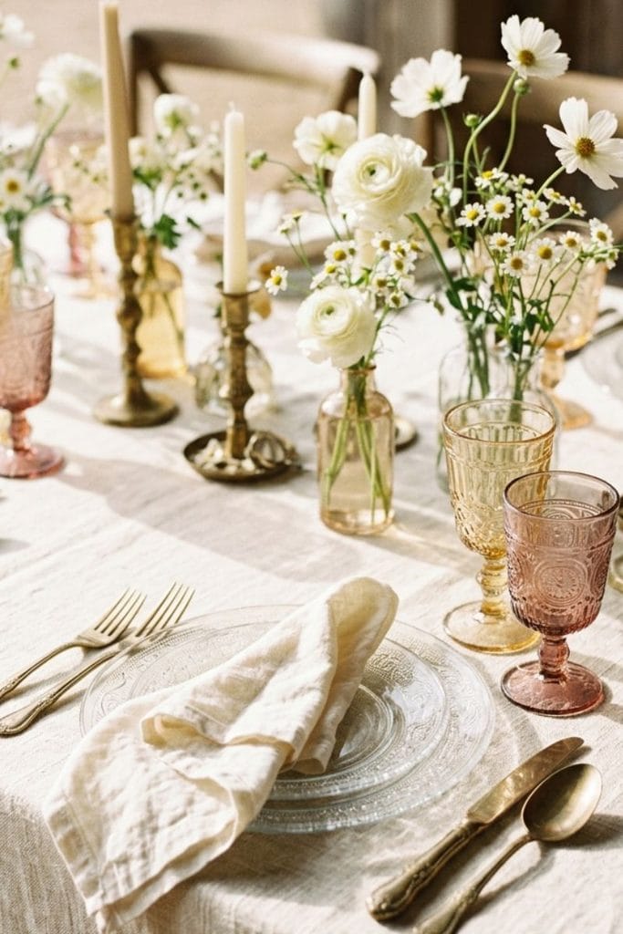 Wedding table decor with vintage amber glassware, ivory napkins, flowers, and brass flatware