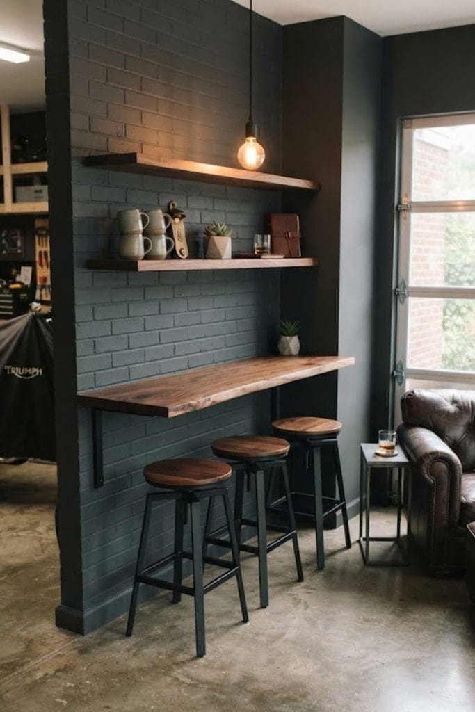 Walnut counter and black stools in a stylish man cave garage