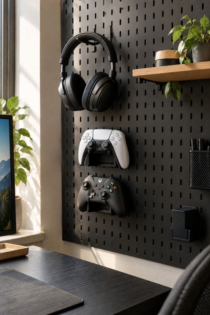 Black pegboard holding headphones and controllers in a tidy game room