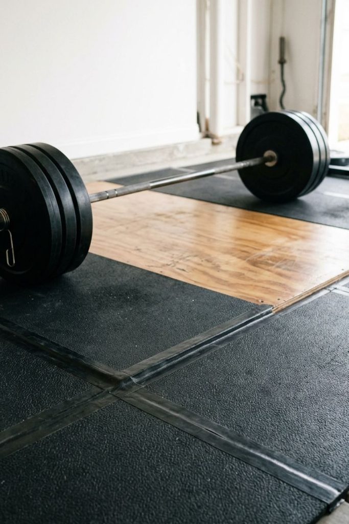 Rubber horse stall mats covering a concrete floor in a half garage gym with a barbell on a lifting platform