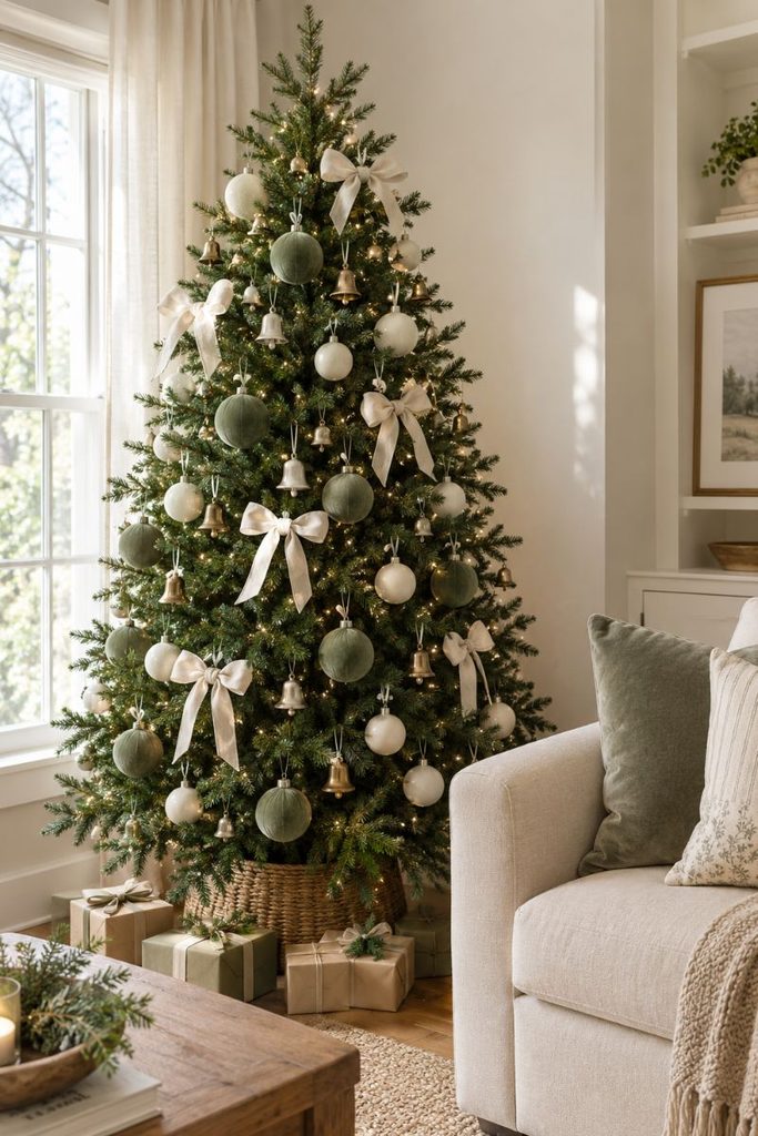 Sage green and cream Christmas tree decorating idea with brass bells in a calm living room