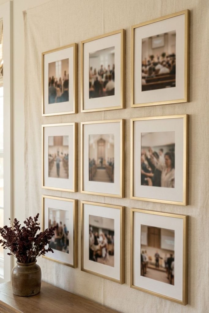 Pastor day decorations ideas featuring a gold-framed church memory wall with burgundy floral accents.