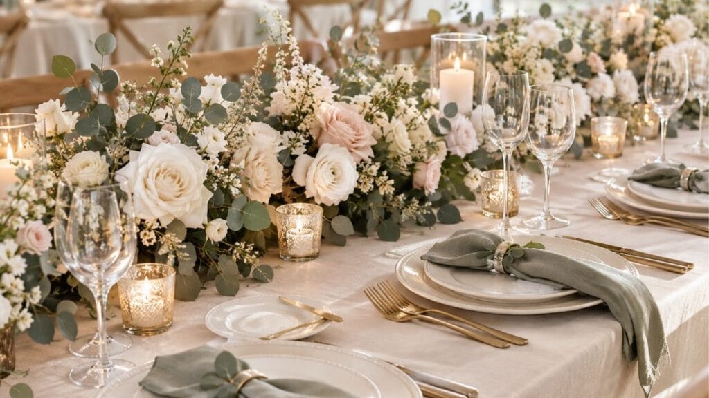 Elegant wedding table decor with blush flowers, candles, ivory linen, and gold place settings