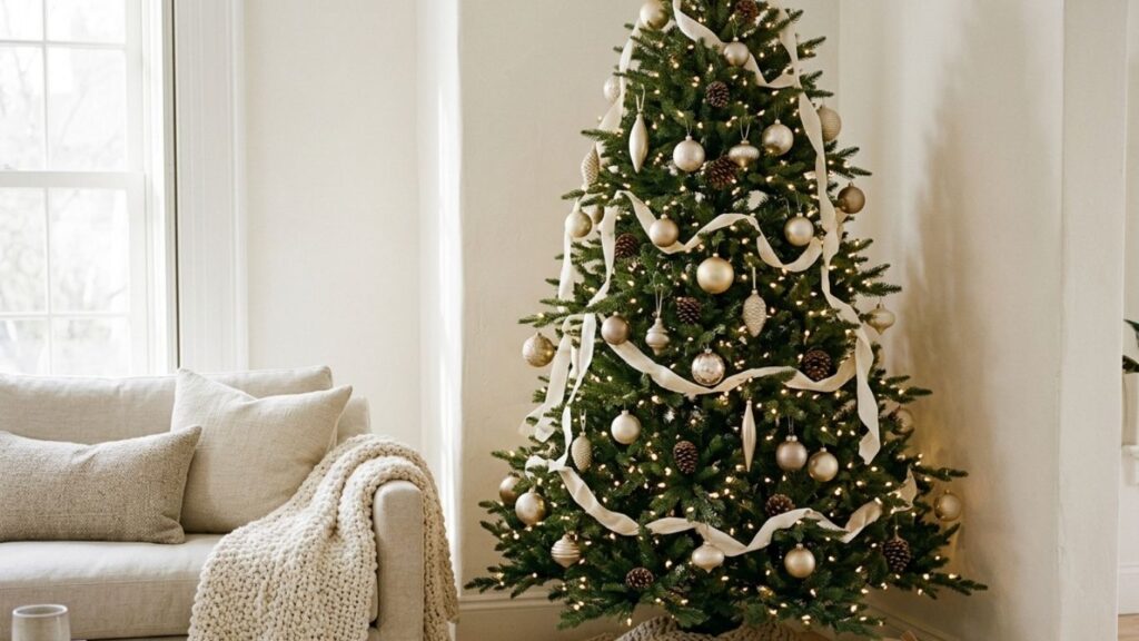 Cozy living room with a ribbon and gold ornament Christmas tree decor idea beside a linen sofa