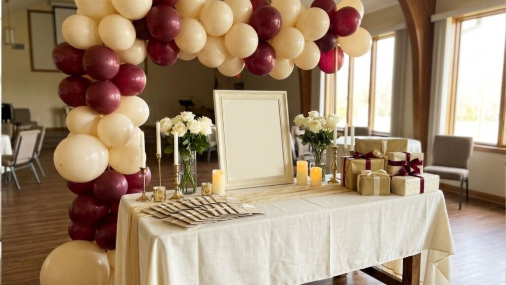 Pastor Day decorations ideas with burgundy balloons, white roses, gold accents, and an elegant church welcome table.