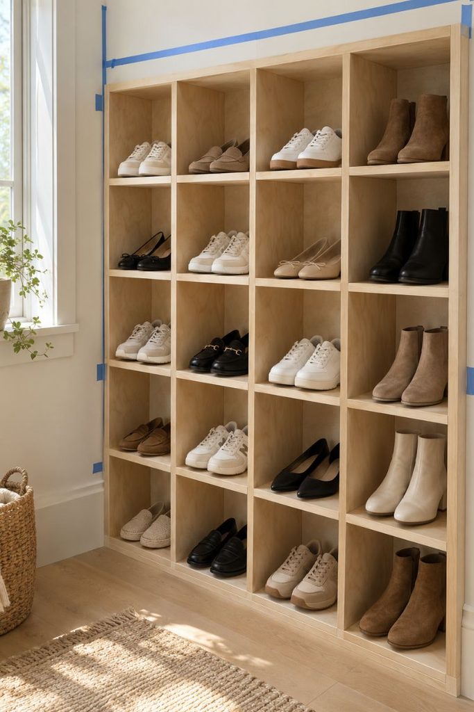 Birch plywood cubby wall, an easy DIY shoe storage ideas closet build