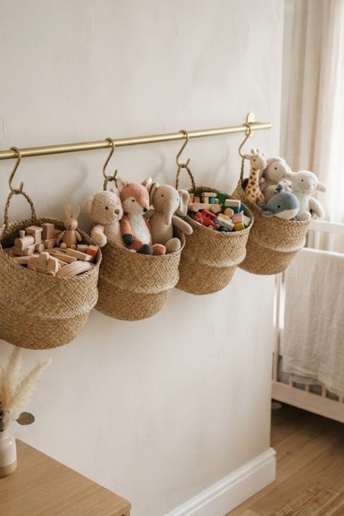  Brass wall rail with hanging seagrass baskets, budget toy storage ideas