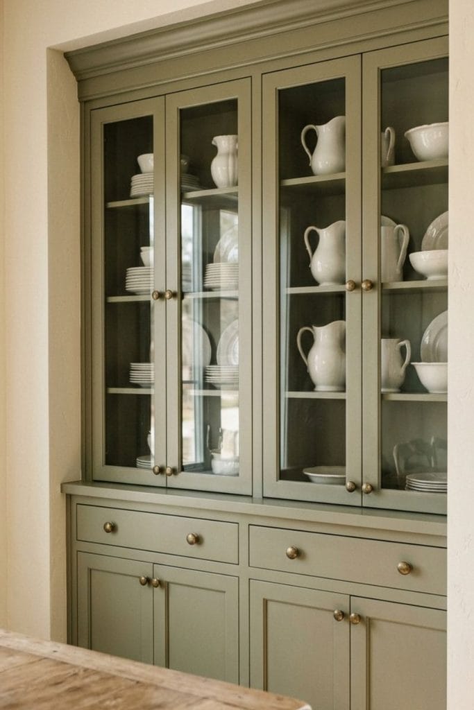 Sage green built in china cabinet in a dining nook with white ironstone plates and brass knobs
