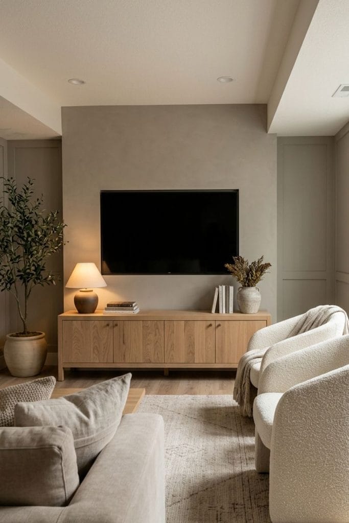 Basement living room ideas with a low oak TV console and warm greige wall