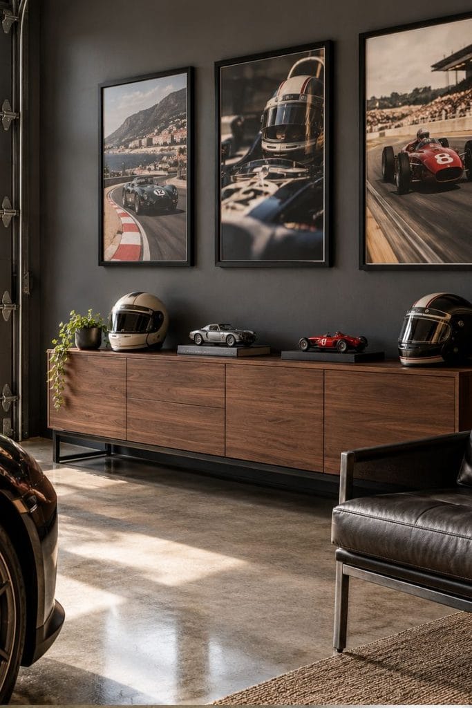 Racing-inspired display wall with framed prints and walnut console in a man cave garage