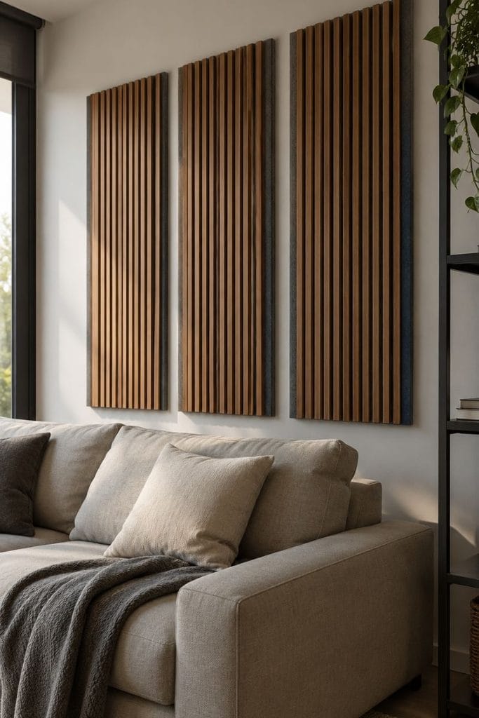 Walnut slat acoustic panels on a wall in a stylish game room