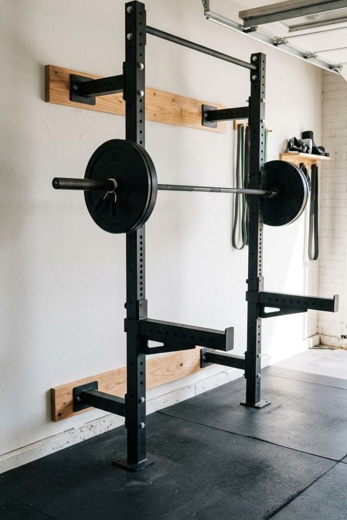A matte black fold-back squat rack on a white wall, one of the best half garage gym ideas for tight bays