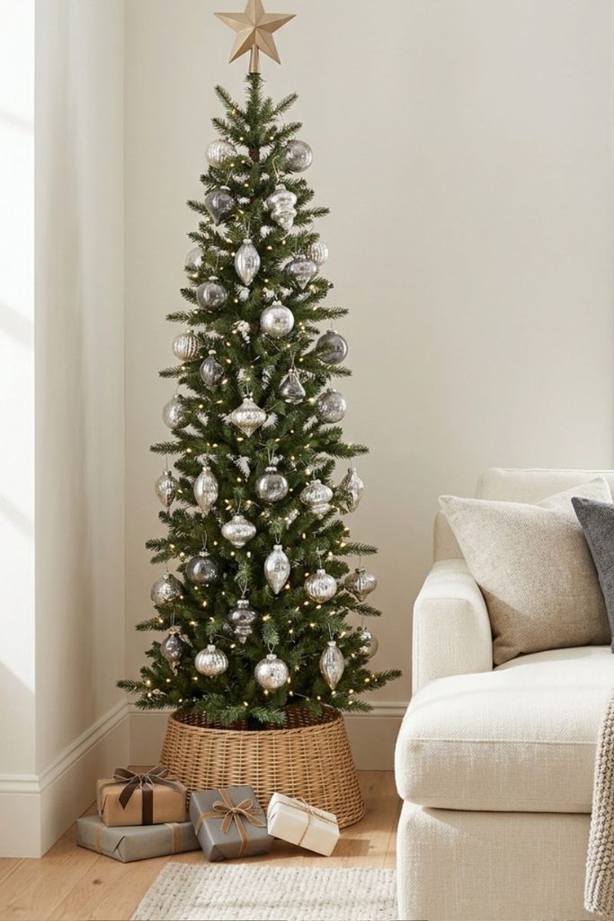 Slim pencil Christmas tree with silver mercury glass ornaments in a small living room corner