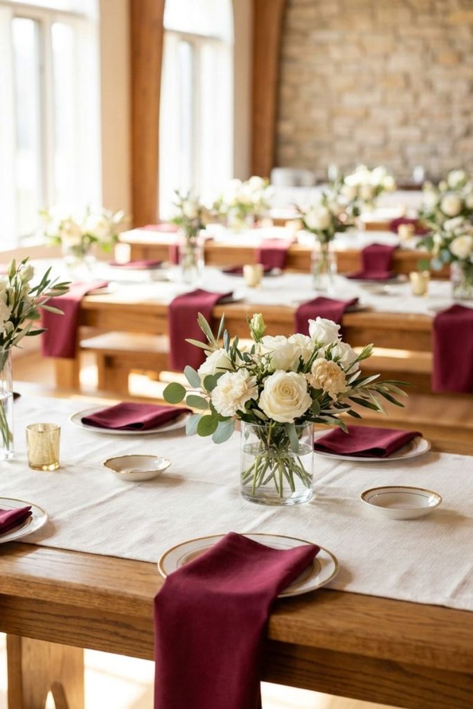  Pastor day decorations ideas with low white rose centerpieces and ivory church table linens.