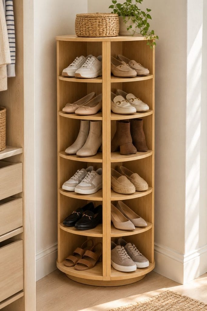 Bamboo carousel rack in a closet corner, a smart shoe storage ideas closet corner idea