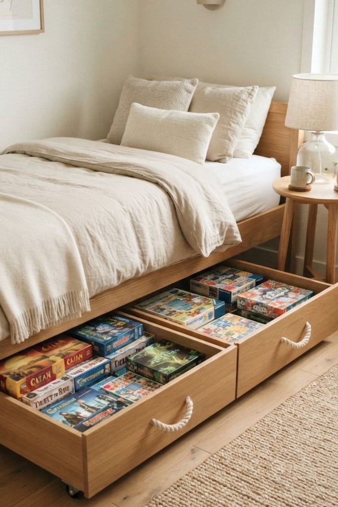  Oak drawers rolling out from under a twin bed, space saving toy storage ideas