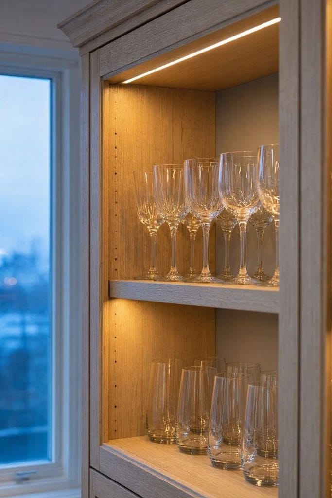 Lit built in china cabinet with warm LED shelf lighting and crystal wine glasses