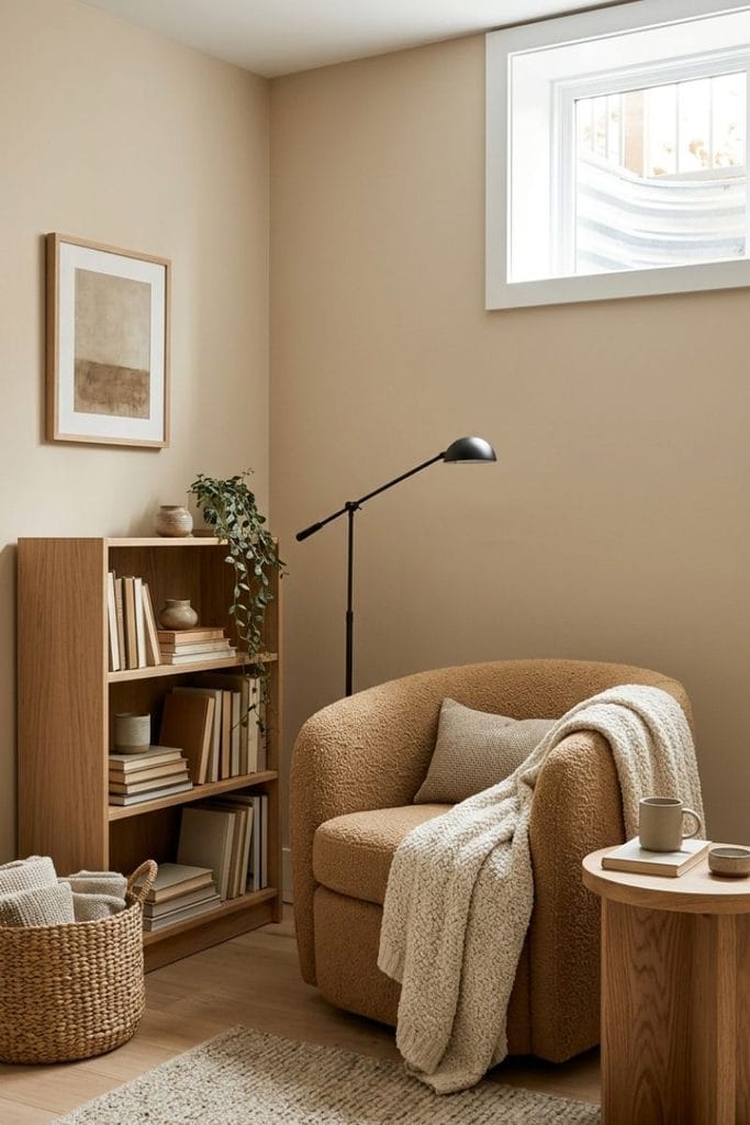 Basement living room ideas featuring a camel chair and compact reading nook