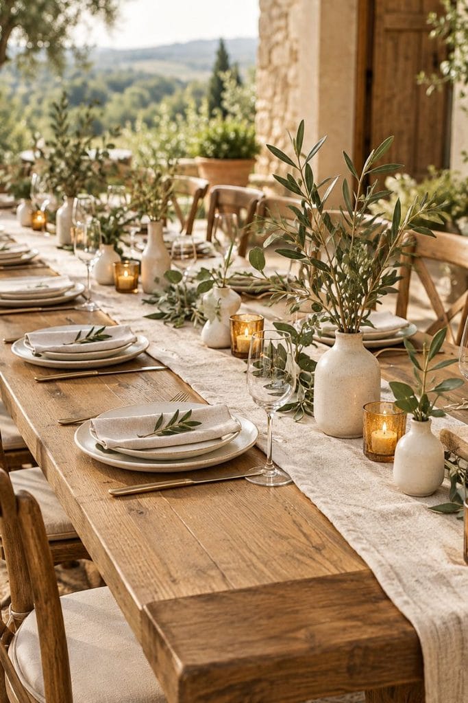 Rustic wedding table decor with oak wood, linen, ceramic vases, greenery, and amber candles