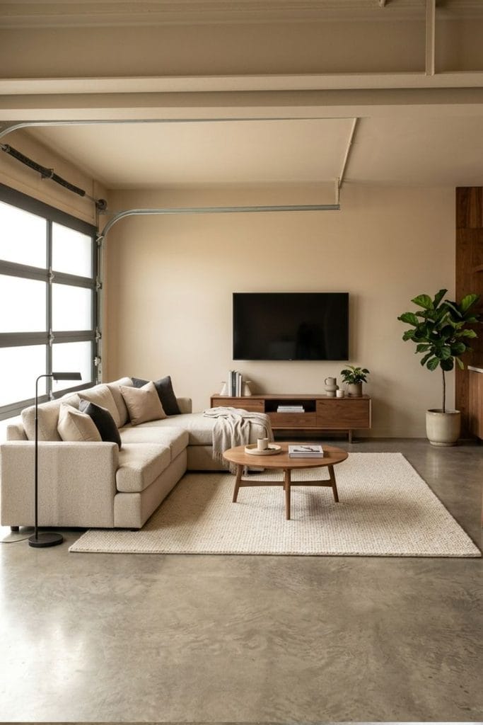 Cozy man cave garage ideas with oatmeal sectional, TV, walnut table, and cream rug