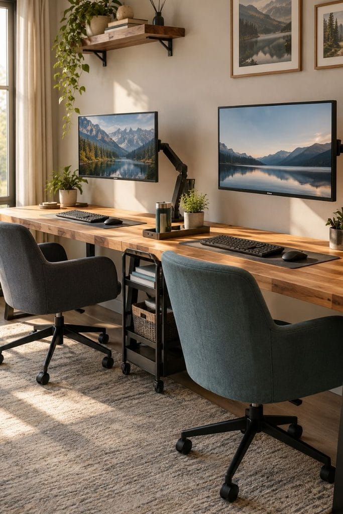 Shared butcher block desk with two monitors in a game room for couples