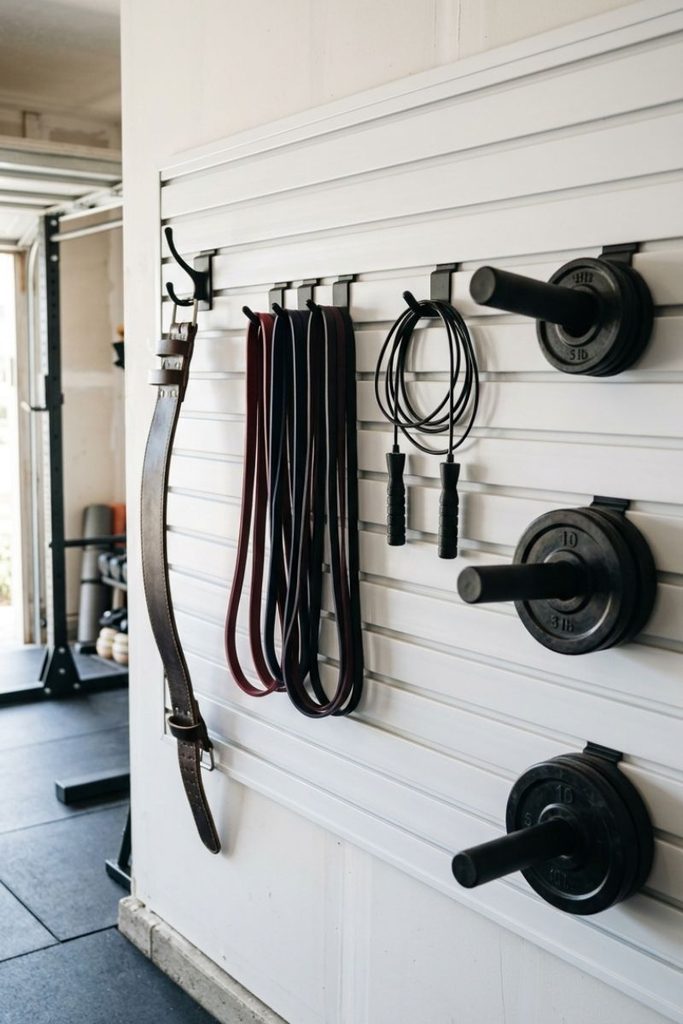 White slatwall panel with black hooks holding bands and ropes, a tidy storage wall for half garage gym ideas