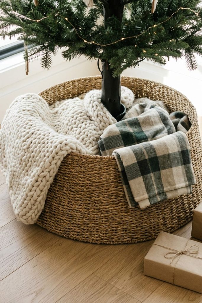 Seagrass basket tree skirt with cream knit throw for cozy Christmas tree decorating
