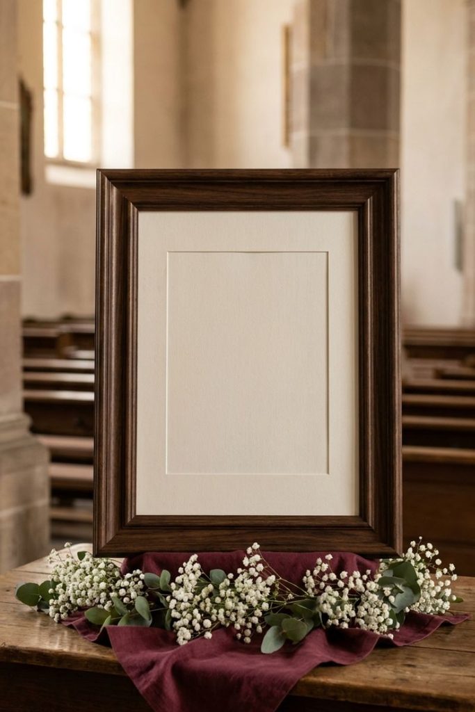 Pastor day decorations ideas featuring a framed scripture display with eucalyptus and white flowers.