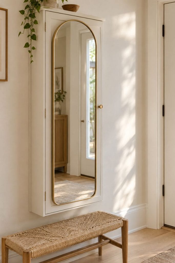 Full-length brass framed mirror on a shoe cabinet, a shoe storage ideas closet with mirror idea