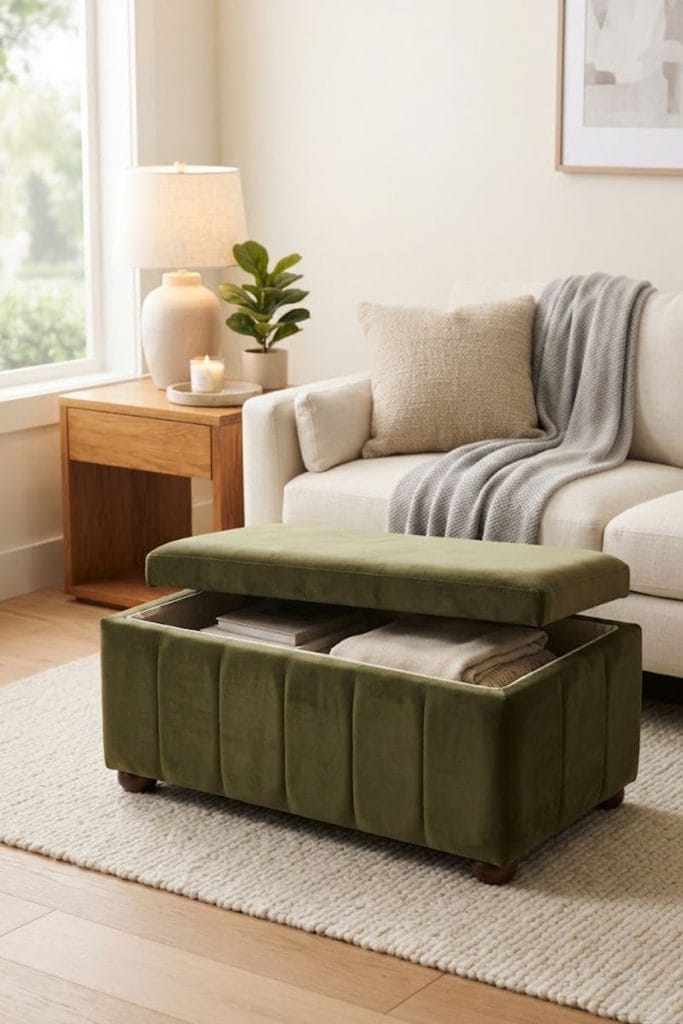 Olive velvet storage ottoman with open lid, stylish toy storage ideas