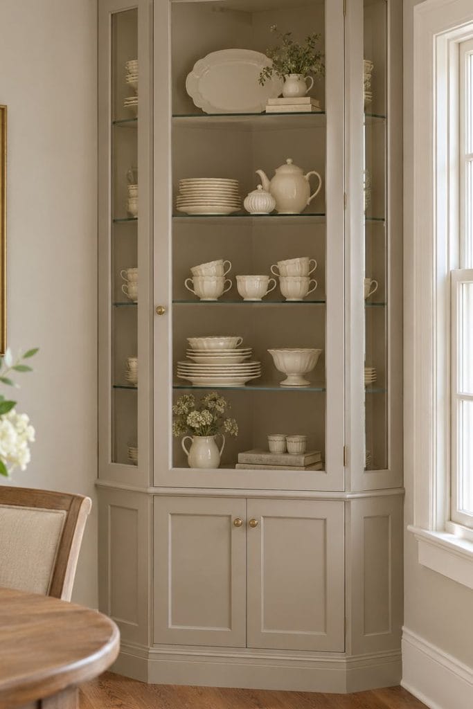 Corner built in china cabinet with angled glass front and greige interior beside a sunny window