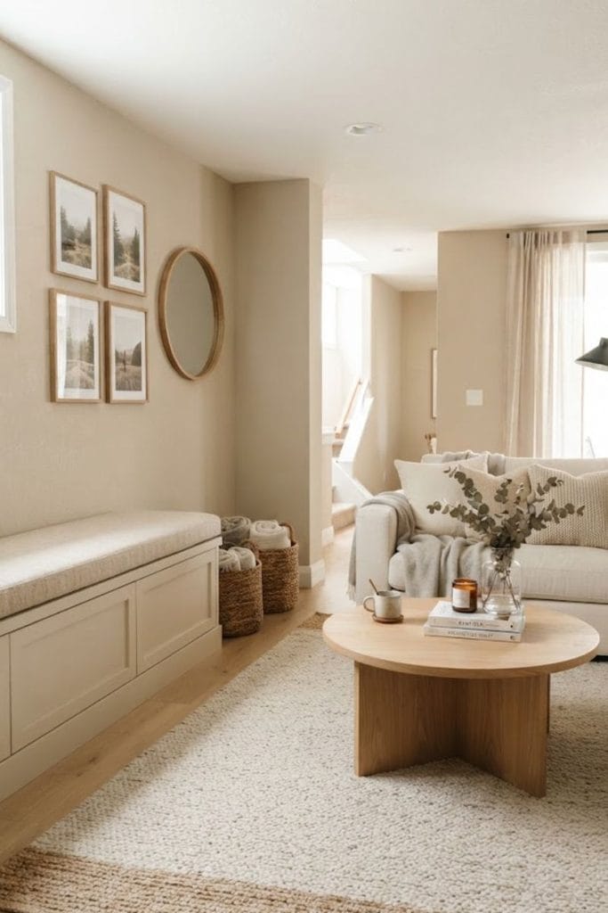 Basement living room ideas with a built-in white storage bench and woven baskets