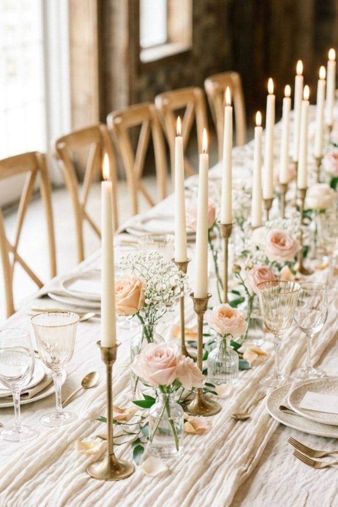 Wedding table decor with ivory taper candles, brass holders, blush roses, and cream linen