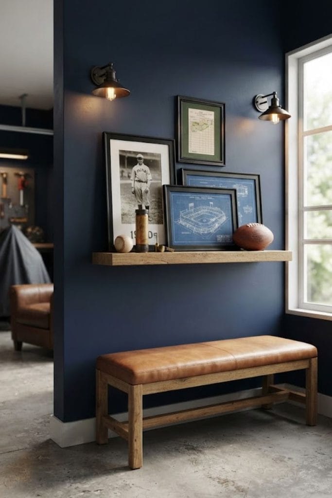 sports accent wall with oak shelving and leather bench in a man cave garage
