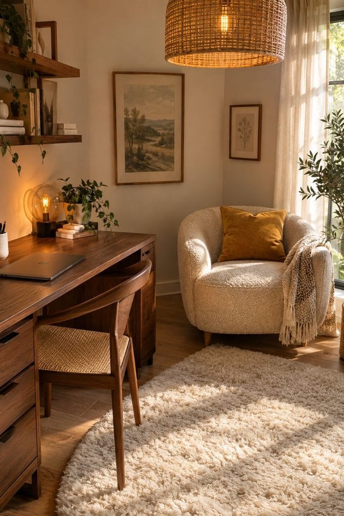 Cozy game room with walnut desk, rattan pendant and cream sherpa rug