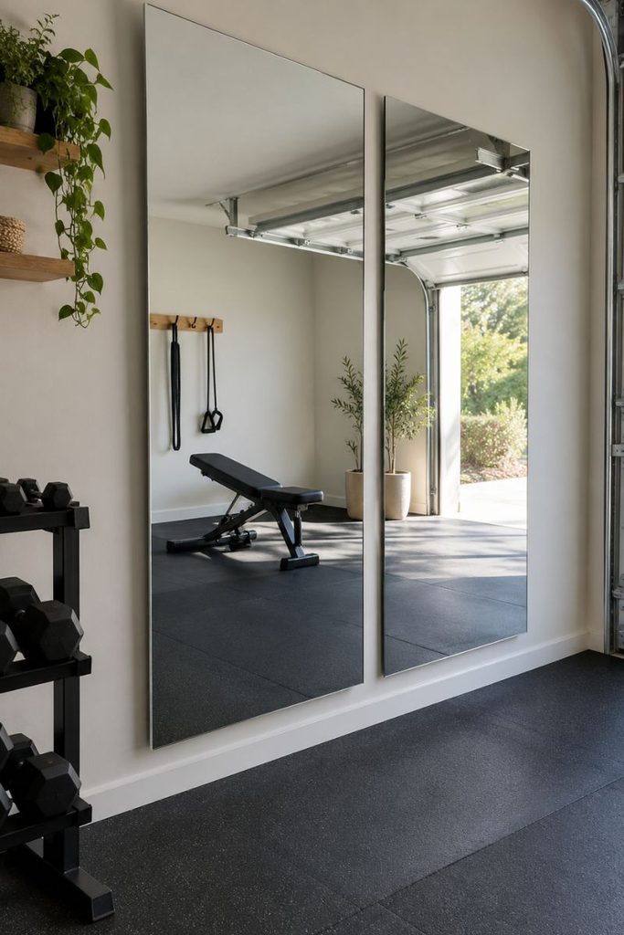 Two tall mirrors on a garage gym wall making a narrow space feel wider in a half garage gym