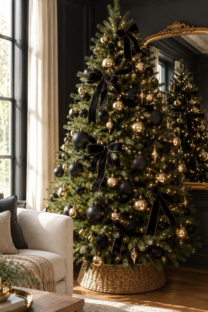 Glam black and gold Christmas tree decorating idea with a gold framed mirror behind it
