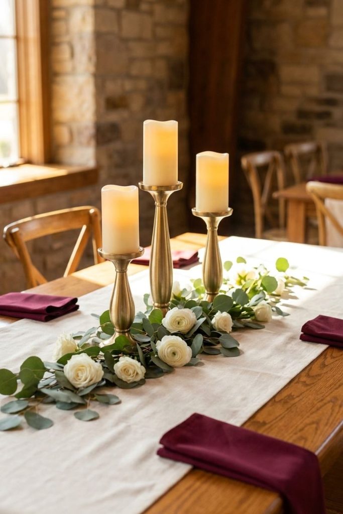 Pastor day decorations ideas with gold candle holders, ivory candles, and a low greenery garland.