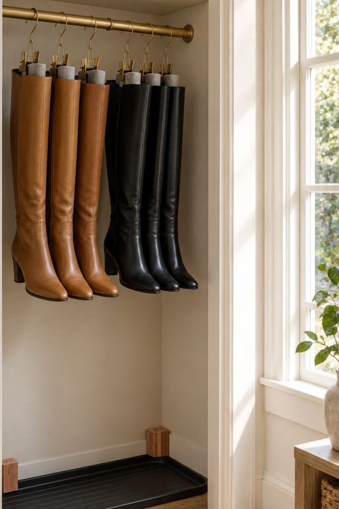 Tall leather boots hanging on a tension rod, a shoe storage ideas closet boots solution