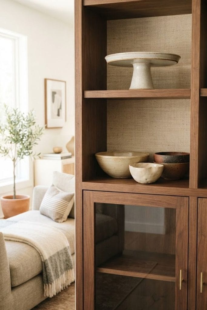 Open walnut shelf built in china cabinet with grasscloth back and ceramic bowls in a living room