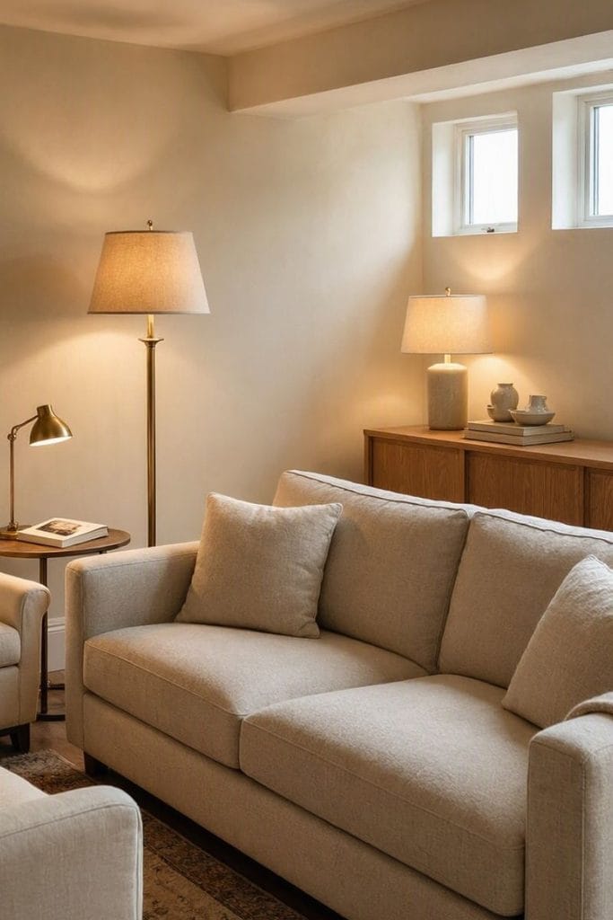 Basement living room ideas with warm floor lamps and layered lighting