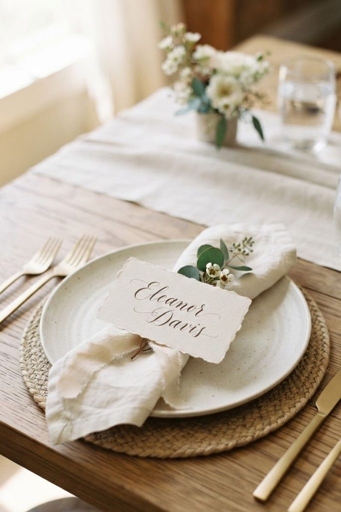Wedding table decor with cream place cards, ivory napkins, gold flatware, and eucalyptus