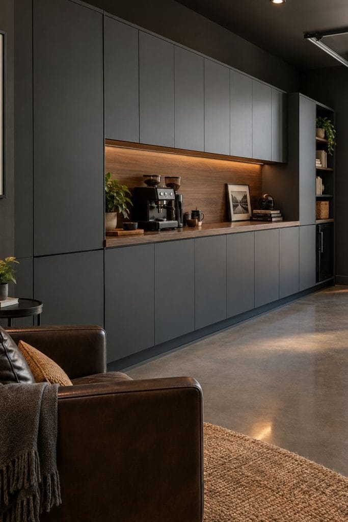 Built-in charcoal cabinets with walnut counter for man cave garage storage