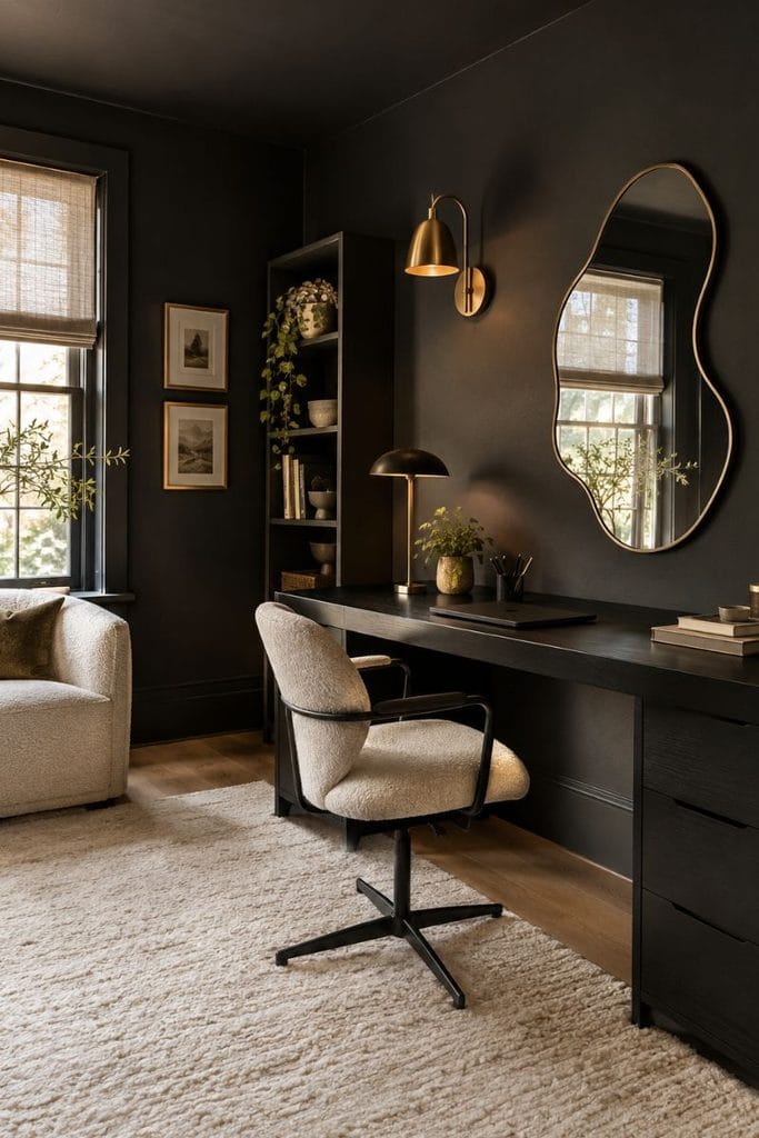 Dark charcoal walls with brass sconce and blob mirror in a moody game room