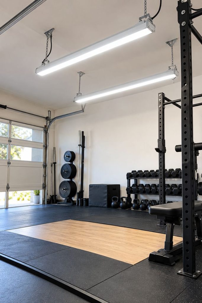  Two bright LED shop lights over a rubber mat in a half garage gym with crisp daylight tone