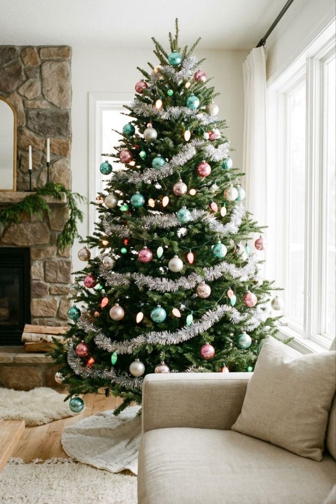 Vintage glass ball ornaments in aqua and rose pink on a retro Christmas tree decor idea